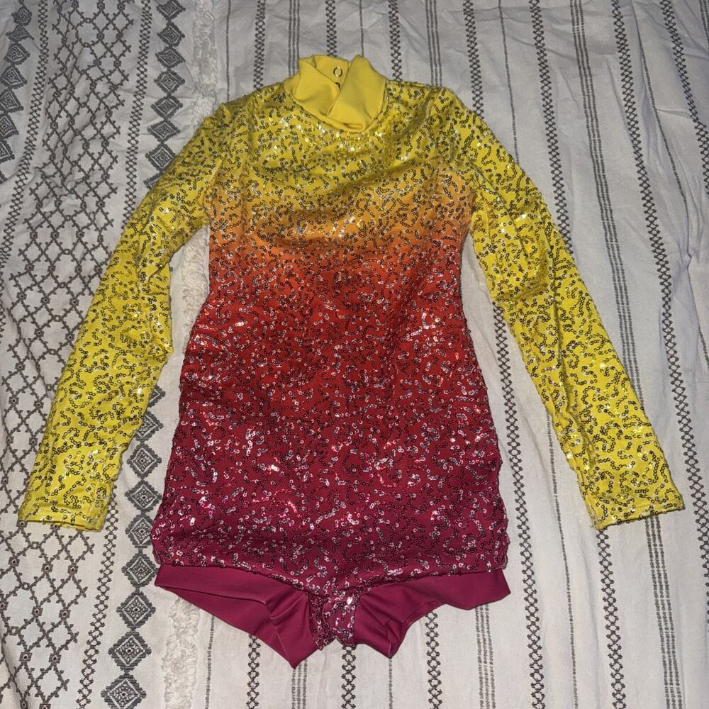 Weismann Yellow/Pink Ombre Sequin Bodysuit Dancewear Costume Leotard Size XS